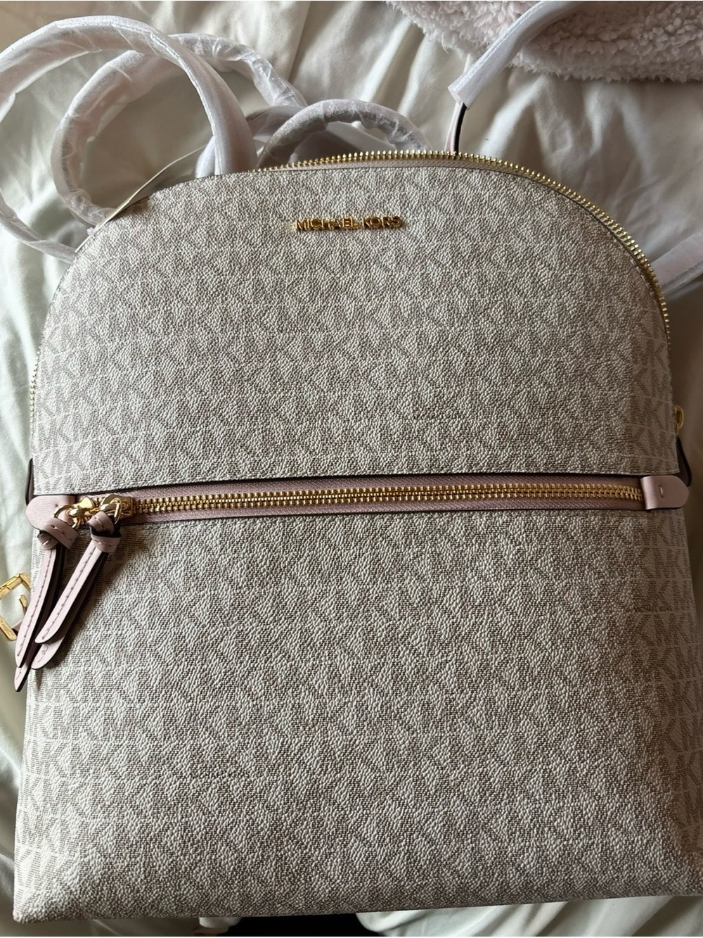 NWT Michael Kors Signature Logo Dallas Slim Backpack Blush Pink Trim Cream Gold - Picture 3 of 9